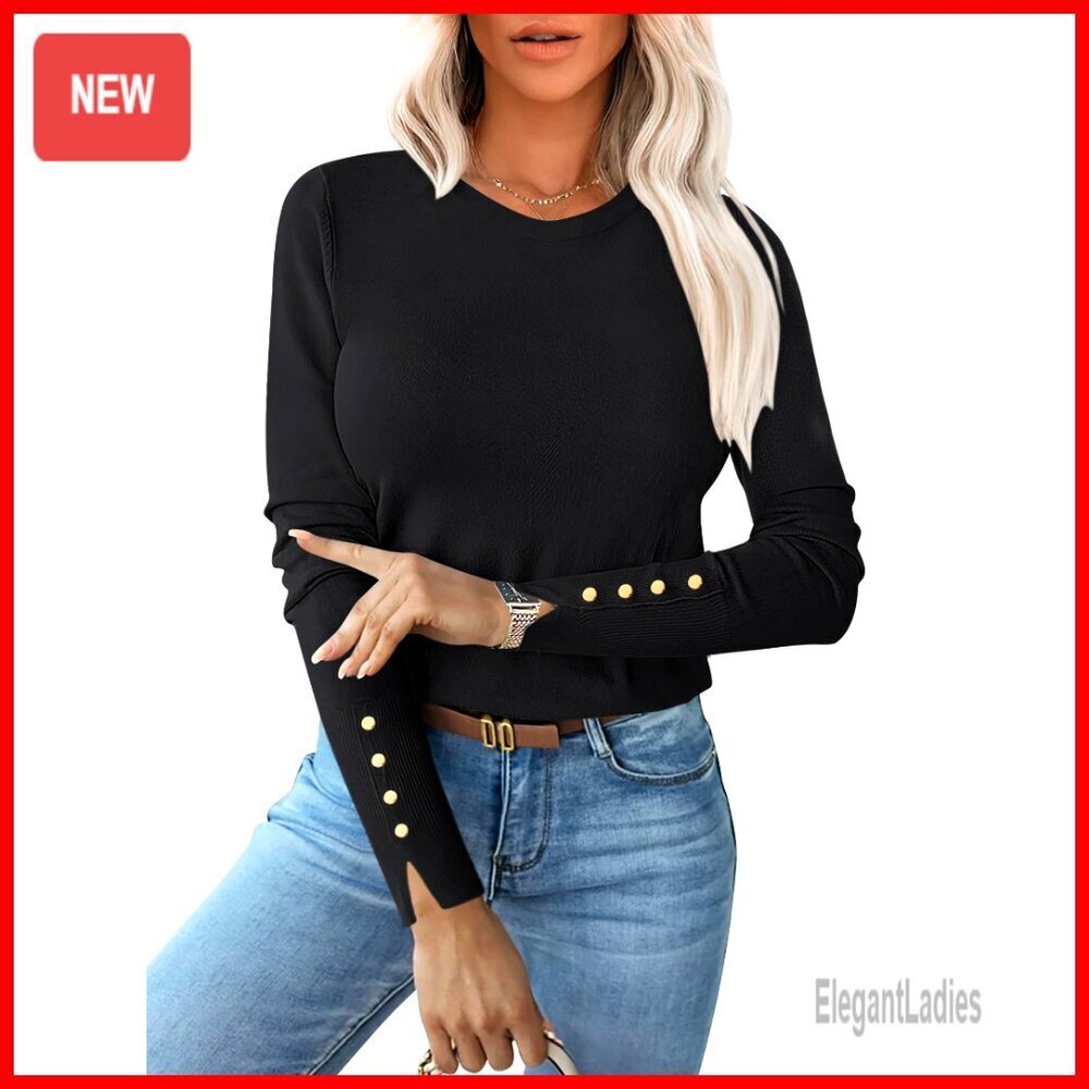 Long Sleeve Crewneck Pullover Sweater with Button Cuffs, Regular Fit